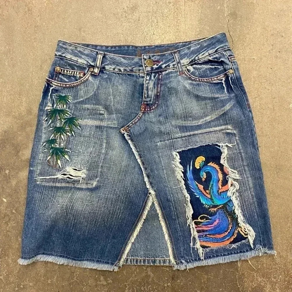Axara  painted‎ peacock midi denim skirt